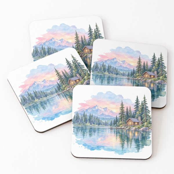 Item preview, Romantic log cabin by a mountain lake, watercolor designed and sold by LongIslandDesgn.