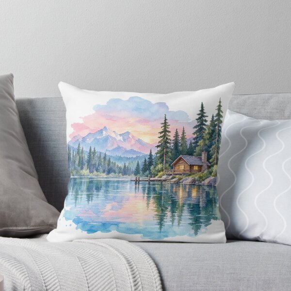 Item preview, Romantic log cabin by a mountain lake, watercolor designed and sold by LongIslandDesgn.
