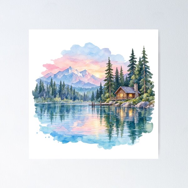 Item preview, Romantic log cabin by a mountain lake, watercolor designed and sold by LongIslandDesgn.