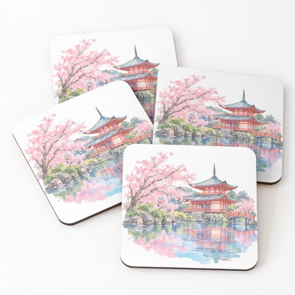 Item preview, Japanese pagoda in cherry blossom magic, watercolor designed and sold by LongIslandDesgn.