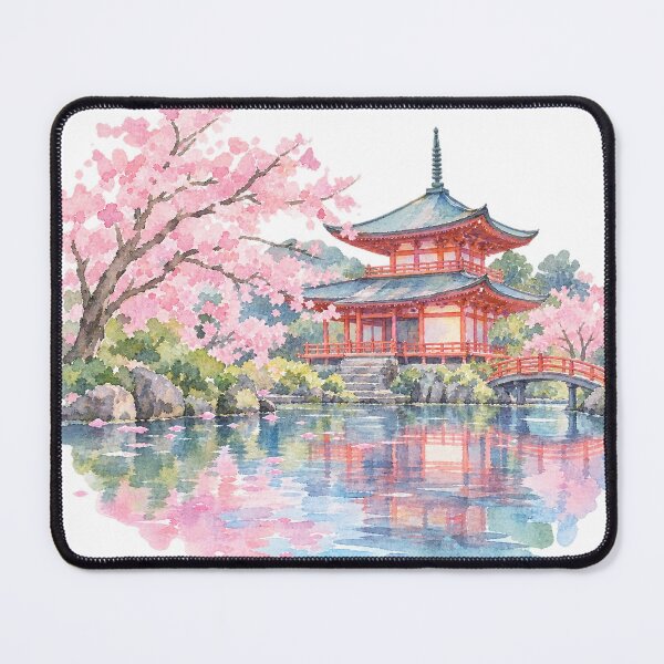 Item preview, Japanese pagoda in cherry blossom magic, watercolor designed and sold by LongIslandDesgn.
