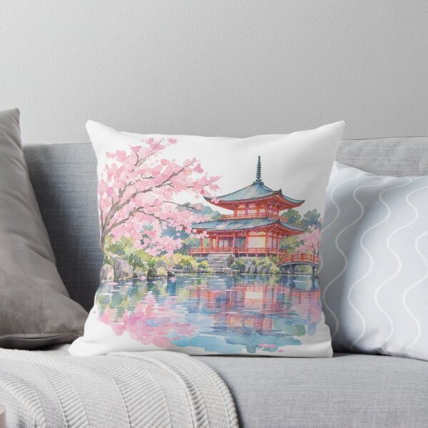 Item preview, Japanese pagoda in cherry blossom magic, watercolor designed and sold by LongIslandDesgn.
