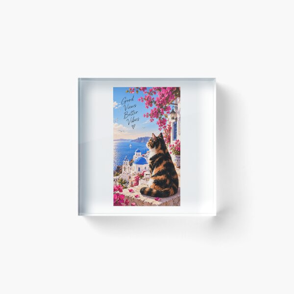 Item preview, Good Views Better Vibes – Calico Cat in Santorini designed and sold by House of Vardit.