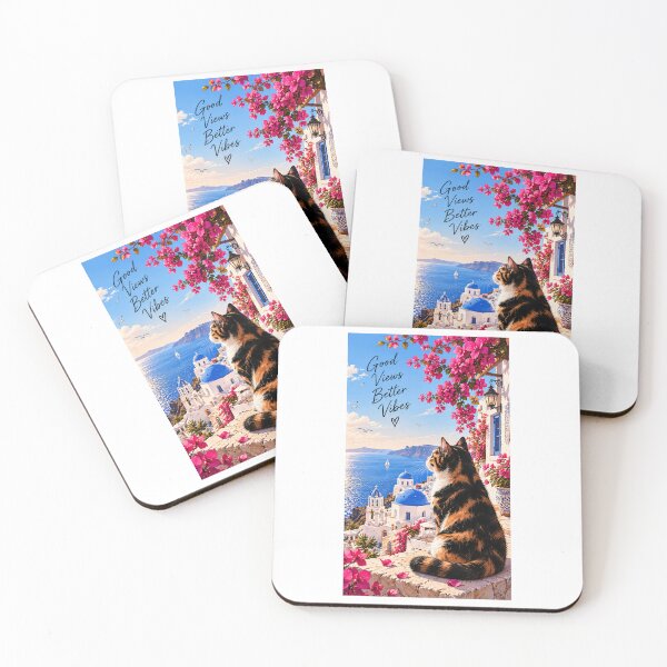 Item preview, Good Views Better Vibes – Calico Cat in Santorini designed and sold by House of Vardit.