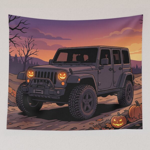 Item preview, Wrangler Halloween Off-Road – Spooky Jack-O-Lantern Headlights Sunset designed and sold by VenZolic.