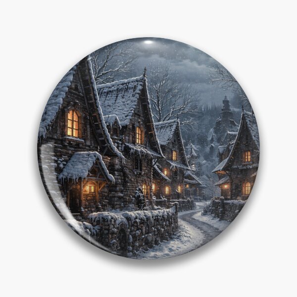 Item preview, Moonlit Snowy Village Street – Enchanted Winter Fantasy Cottage Art Print designed and sold by Kaleidoscope Print.