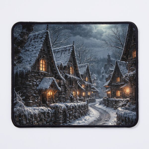 Item preview, Moonlit Snowy Village Street – Enchanted Winter Fantasy Cottage Art Print designed and sold by Kaleidoscope Print.