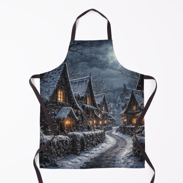 Item preview, Moonlit Snowy Village Street – Enchanted Winter Fantasy Cottage Art Print designed and sold by Kaleidoscope Print.
