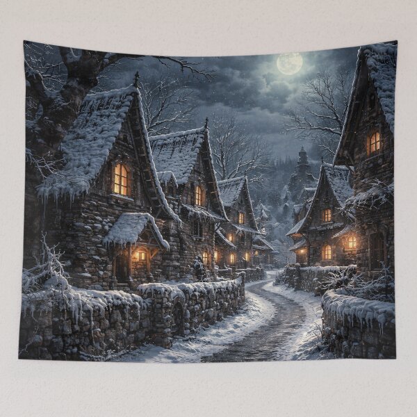 Item preview, Moonlit Snowy Village Street – Enchanted Winter Fantasy Cottage Art Print designed and sold by Kaleidoscope Print.
