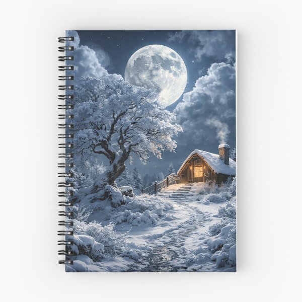 Item preview, Cozy Winter Cabin Under Full Moon – Snowy Forest Night Fantasy Art Print designed and sold by Kaleidoscope Print.