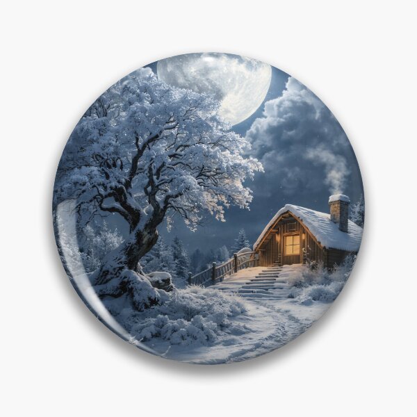 Item preview, Cozy Winter Cabin Under Full Moon – Snowy Forest Night Fantasy Art Print designed and sold by Kaleidoscope Print.