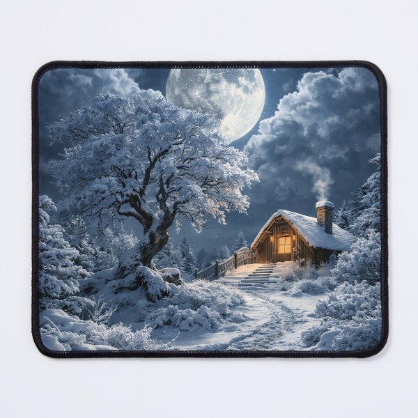 Item preview, Cozy Winter Cabin Under Full Moon – Snowy Forest Night Fantasy Art Print designed and sold by Kaleidoscope Print.