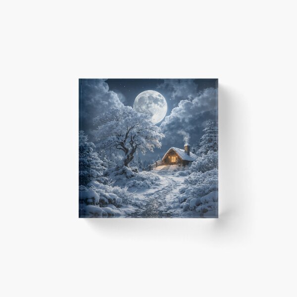 Item preview, Cozy Winter Cabin Under Full Moon – Snowy Forest Night Fantasy Art Print designed and sold by Kaleidoscope Print.