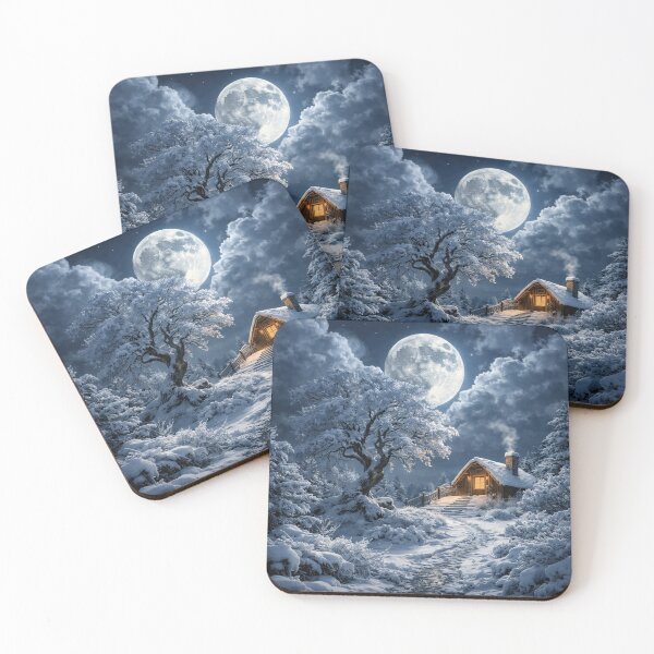 Item preview, Cozy Winter Cabin Under Full Moon – Snowy Forest Night Fantasy Art Print designed and sold by Kaleidoscope Print.