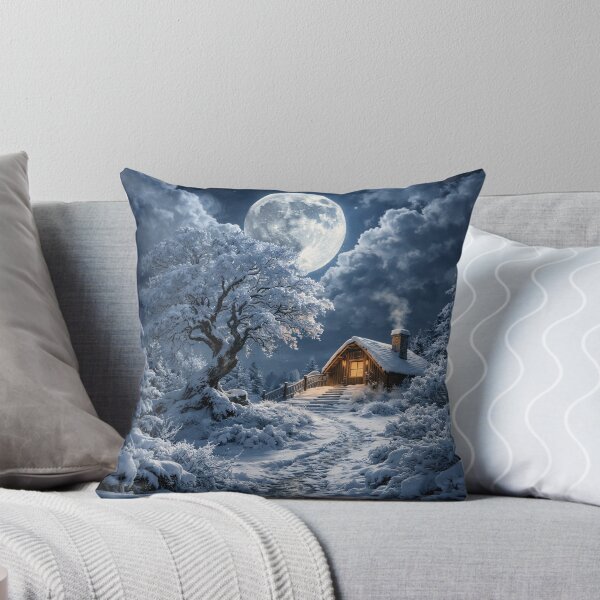 Item preview, Cozy Winter Cabin Under Full Moon – Snowy Forest Night Fantasy Art Print designed and sold by Kaleidoscope Print.