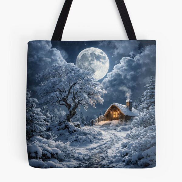 Item preview, Cozy Winter Cabin Under Full Moon – Snowy Forest Night Fantasy Art Print designed and sold by Kaleidoscope Print.