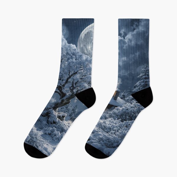 Item preview, Cozy Winter Cabin Under Full Moon – Snowy Forest Night Fantasy Art Print designed and sold by Kaleidoscope Print.