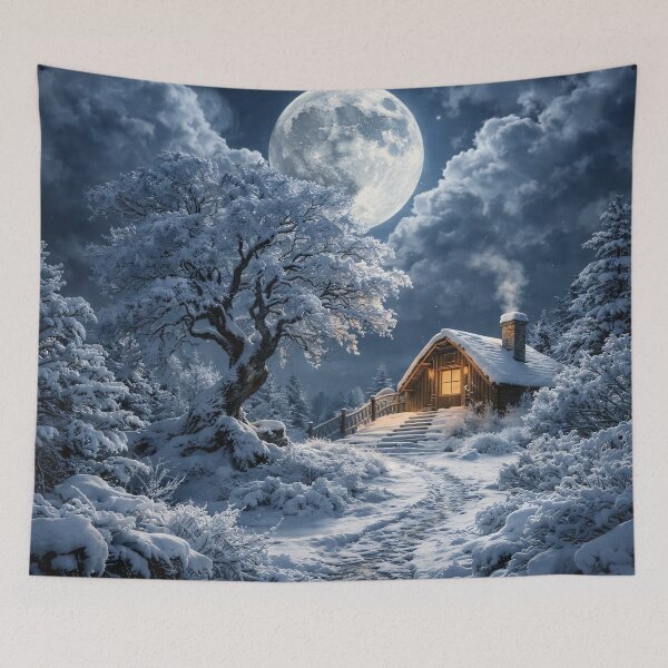 Item preview, Cozy Winter Cabin Under Full Moon – Snowy Forest Night Fantasy Art Print designed and sold by Kaleidoscope Print.