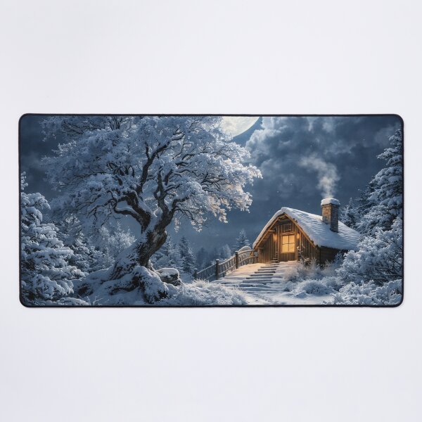 Item preview, Cozy Winter Cabin Under Full Moon – Snowy Forest Night Fantasy Art Print designed and sold by Kaleidoscope Print.