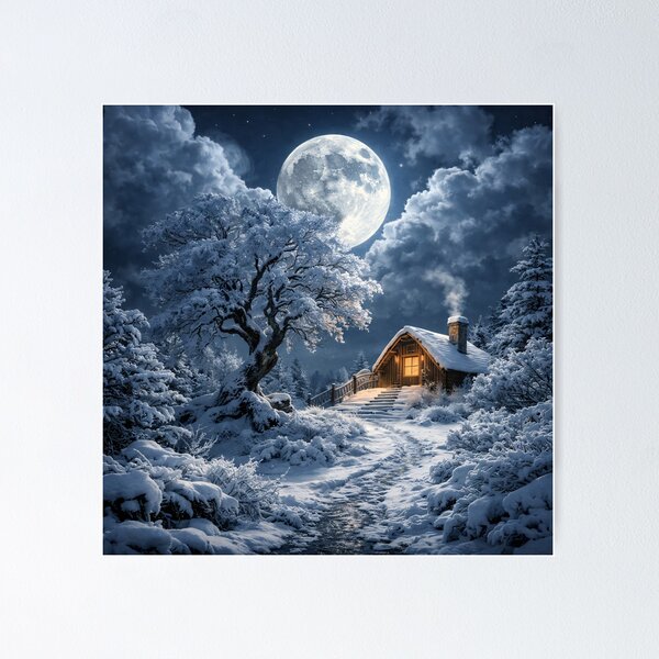 Item preview, Cozy Winter Cabin Under Full Moon – Snowy Forest Night Fantasy Art Print designed and sold by Kaleidoscope Print.