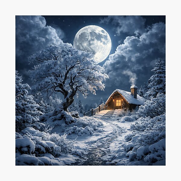 Item preview, Cozy Winter Cabin Under Full Moon – Snowy Forest Night Fantasy Art Print designed and sold by Kaleidoscope Print.
