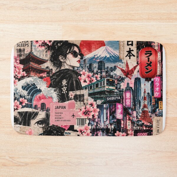 Item preview, Japan Tokyo Neon Travel Scrapbook Collage Sakura Mount Fuji designed and sold by MetaModel Editions.