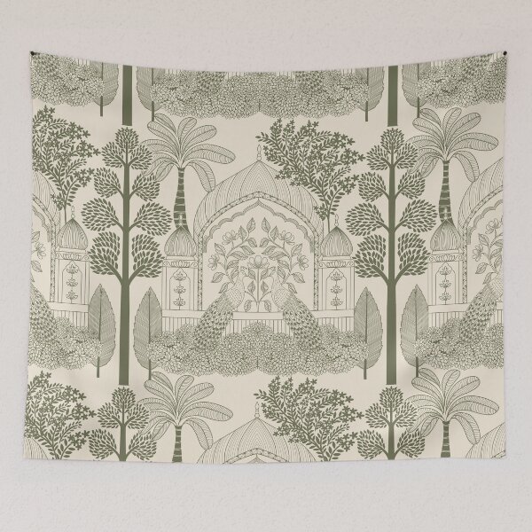 Item preview, Olive Sage Peacock Toile Earthy Palace Arch Pattern designed and sold by DColourMuse.