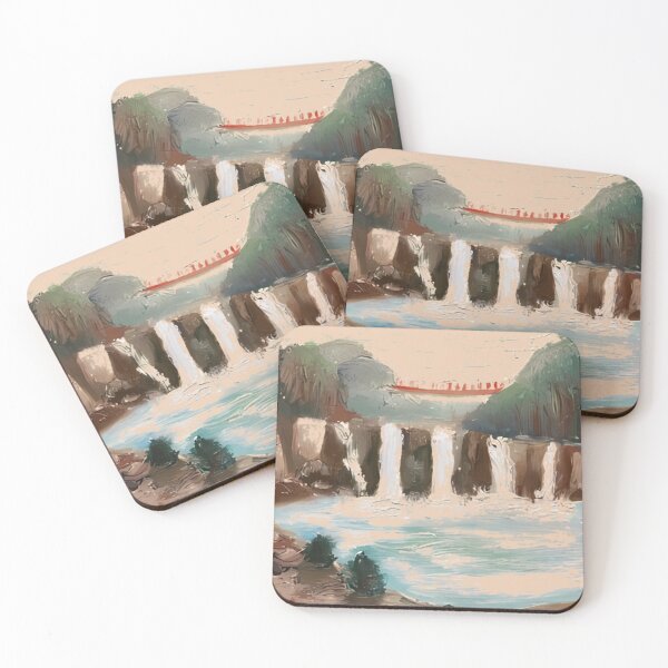 Item preview, Red Bridge Over Cascading Waterfall Impressionist Art designed and sold by BotanicalCanva.