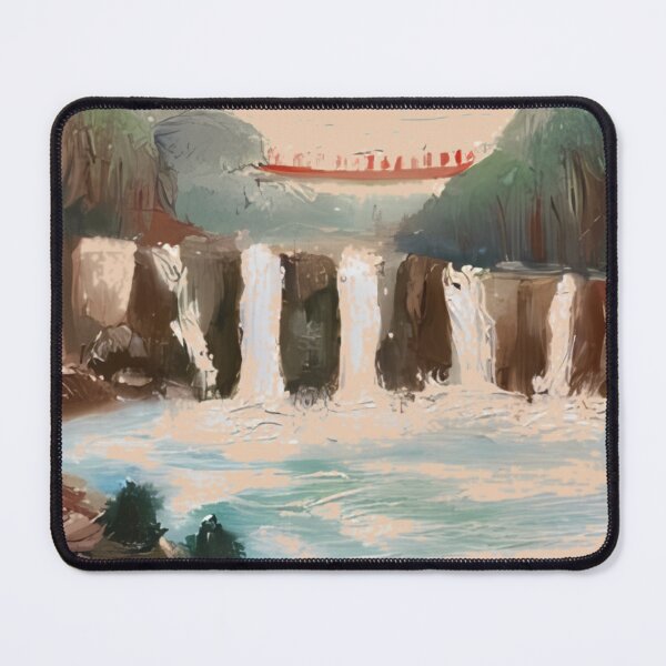 Item preview, Red Bridge Over Cascading Waterfall Impressionist Art designed and sold by BotanicalCanva.