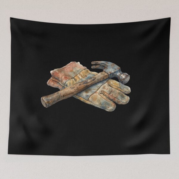 Item preview, Vintage Watercolor Hammer and Working Gloves Art    designed and sold by bvdesignart.