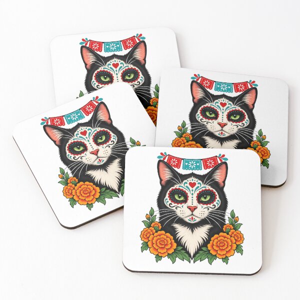 Item preview, Day of the Dead Catrin Tuxedo Black Cat Art designed and sold by Old's Cool Cat Studio.