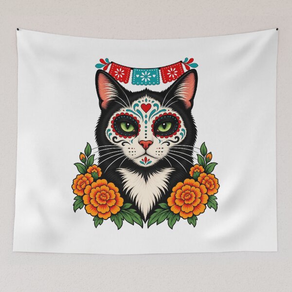 Item preview, Day of the Dead Catrin Tuxedo Black Cat Art designed and sold by Old's Cool Cat Studio.