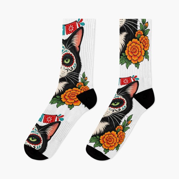 Item preview, Day of the Dead Catrin Tuxedo Black Cat Art designed and sold by Old's Cool Cat Studio.