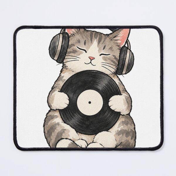 Item preview, Vinyl Lover Cat with Headphones Watercolor Art designed and sold by Jessie's Palette.