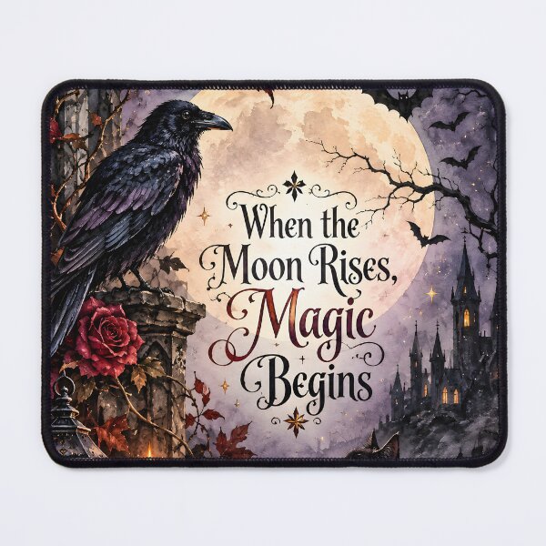 Item preview, When the Moon Rises, Magic Begins – Gothic Halloween Raven & Black Cat designed and sold by blankTeeShirt.