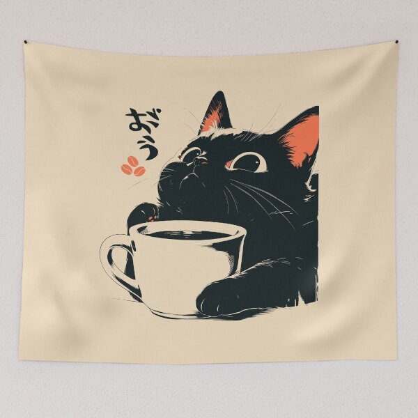 Item preview, Cute Black Cat Holding Coffee Mug Japanese Retro designed and sold by mustbewhy.