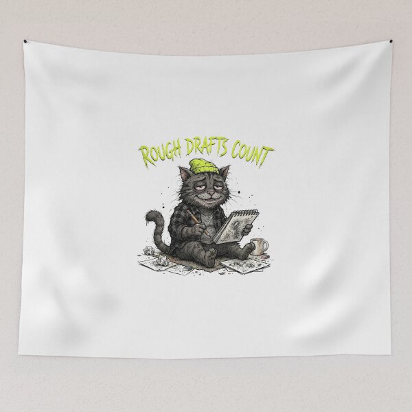 Item preview, Rough Drafts Count - Tired Artist Cat Sketching Illustration designed and sold by Sanan Israyilli.