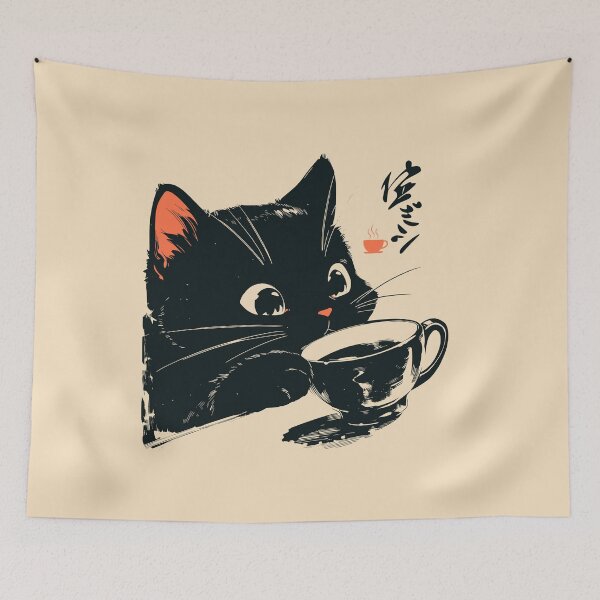 Item preview, Black Cat Drinking Coffee Japanese Retro designed and sold by mustbewhy.