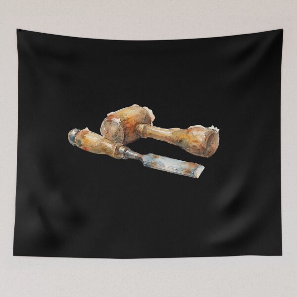 Item preview, Vintage Woodworking Mallet And Chisel Watercolor Art designed and sold by bvdesignart.