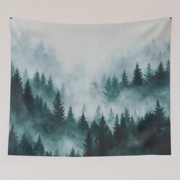 Item preview, Moody Misty Forest Watercolour Teal Pine Landscape designed and sold by Jozefin's Studio.