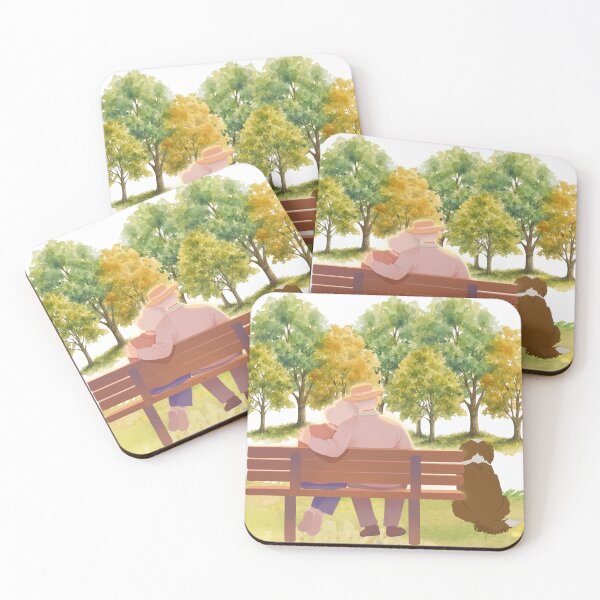 Item preview, Elderly Couple Park Bench Dog Autumn Watercolor Art designed and sold by LensDyn™.