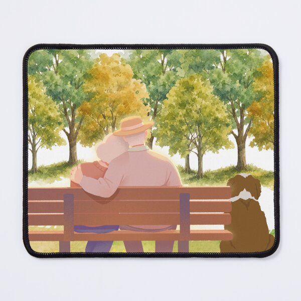 Item preview, Elderly Couple Park Bench Dog Autumn Watercolor Art designed and sold by LensDyn™.