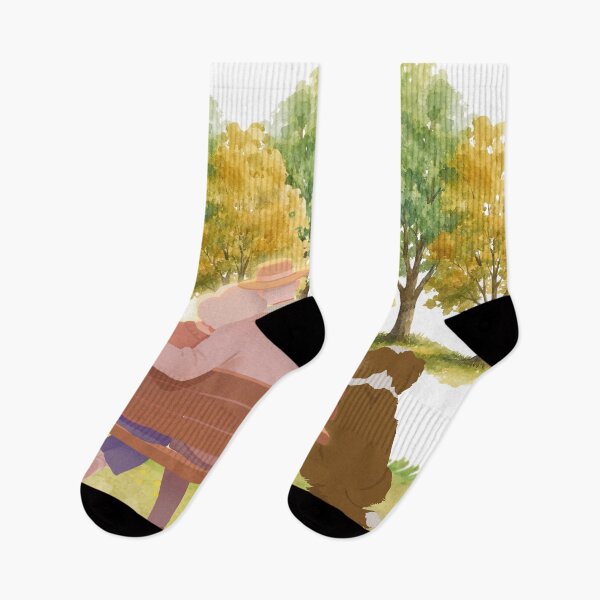 Item preview, Elderly Couple Park Bench Dog Autumn Watercolor Art designed and sold by LensDyn™.