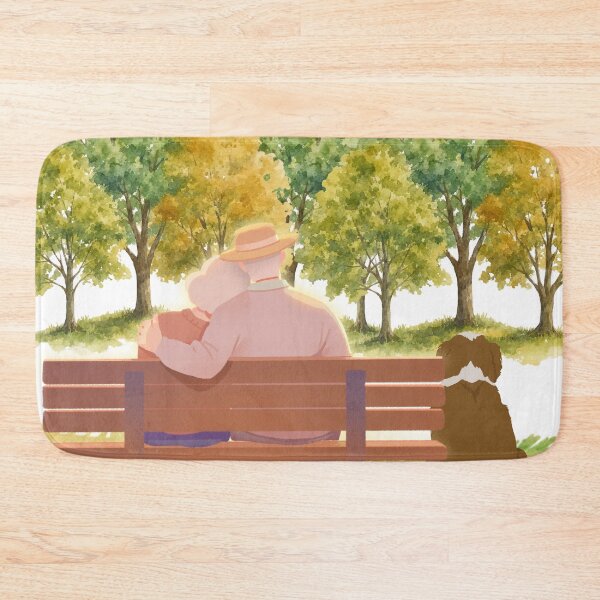Item preview, Elderly Couple Park Bench Dog Autumn Watercolor Art designed and sold by LensDyn™.