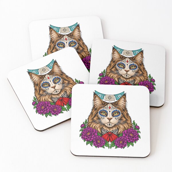 Item preview, Day of the Dead Catrina Maine Coon Cat Art designed and sold by Old's Cool Cat Studio.