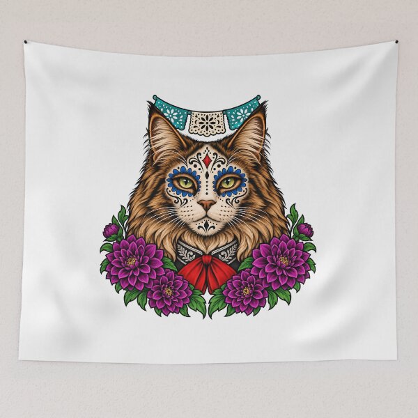 Item preview, Day of the Dead Catrina Maine Coon Cat Art designed and sold by Old's Cool Cat Studio.