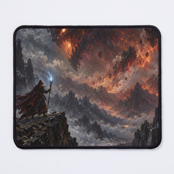 Item preview, Wizard Facing Colossal Lava Dragon Over Volcanic Mountains Under Moonlight — Epic Magic Battle Scene designed and sold by portokalis.