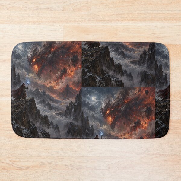 Item preview, Wizard Facing Colossal Lava Dragon Over Volcanic Mountains Under Moonlight — Epic Magic Battle Scene designed and sold by portokalis.