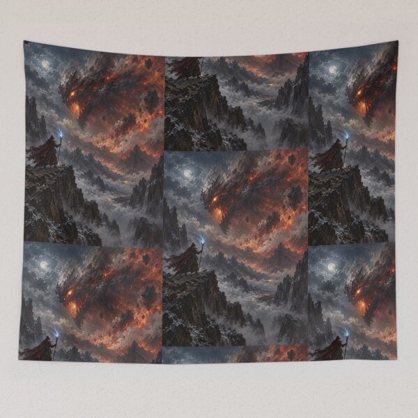 Item preview, Wizard Facing Colossal Lava Dragon Over Volcanic Mountains Under Moonlight — Epic Magic Battle Scene designed and sold by portokalis.