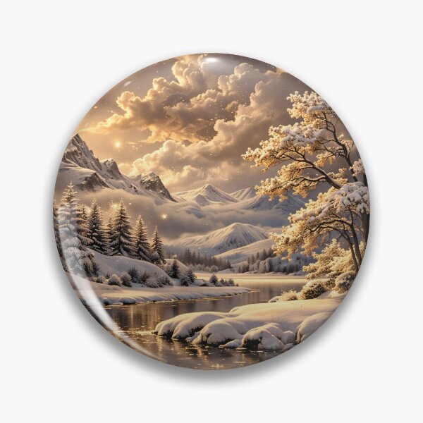 Item preview, Golden Winter River and Snowy Mountains – Magical Snow Landscape Art Print designed and sold by Kaleidoscope Print.